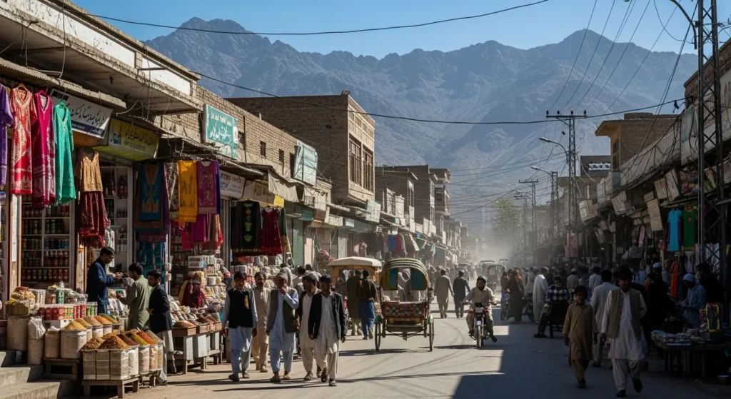 View of a busy street in Peshawar with shops and people