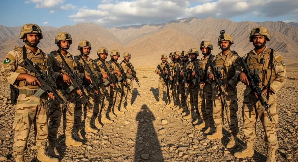 Group of Frontier Corps personnel standing in formation in Balochistan desert landscape