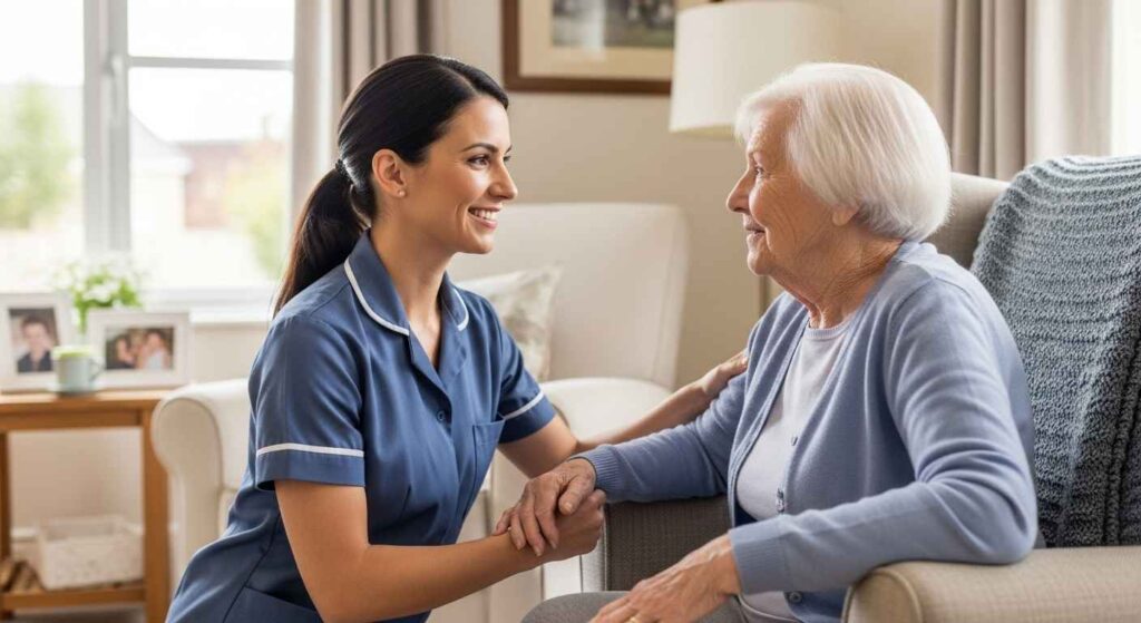 Female attendant helping elderly man sit comfortably at home in Lahore