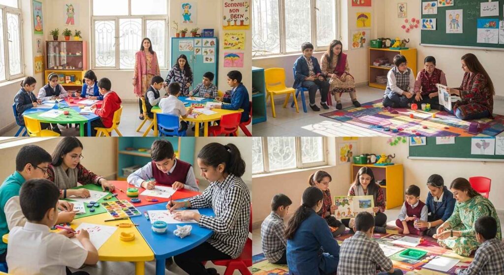 Students and teachers at a special education school in Lahore