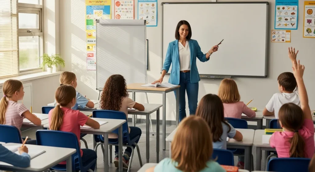 Teacher leading a class in a school