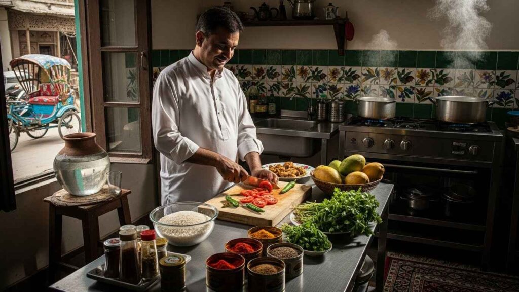 Cook preparing fresh meal in Lahore home kitchen