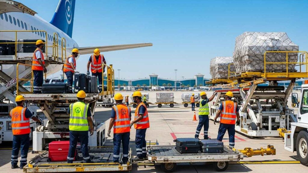 Workers loading cargo on aircraft ramp in Saudi Arabia airport