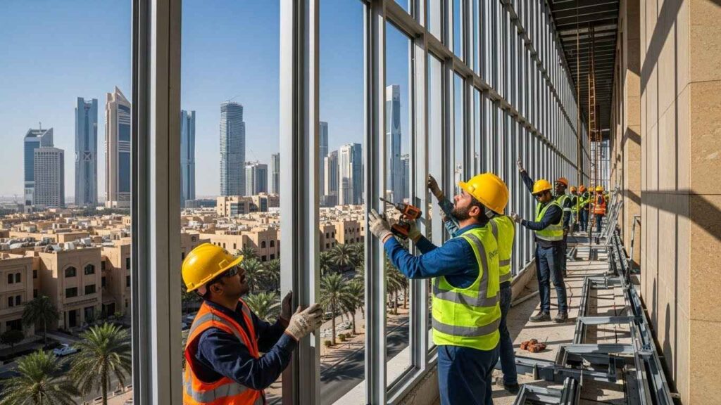 Workers installing aluminum frames on a building site in Saudi Arabia