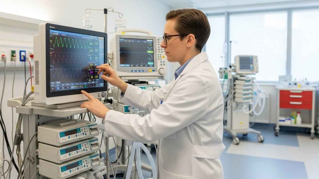 Biomedical engineer inspecting medical devices in hospital lab