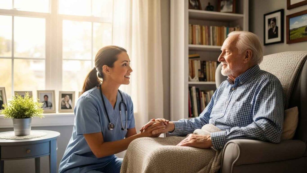 Caregiver helping elderly patient in bed at home