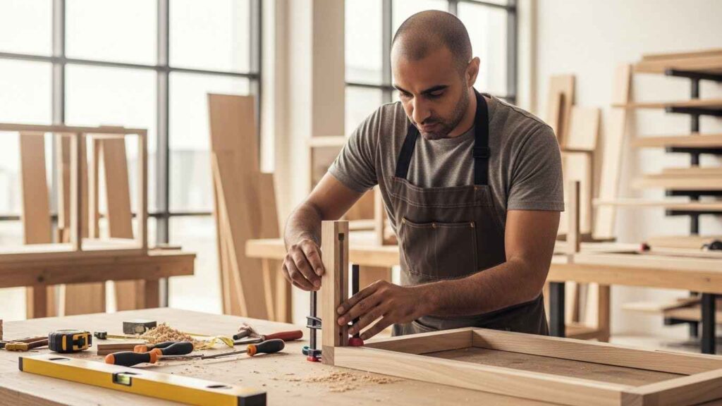 Furniture carpenter at work in a workshop