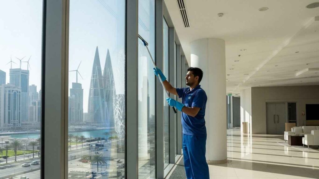 Professional cleaner at work in Bahrain building