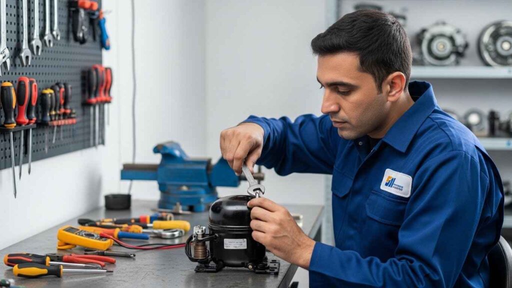 Technician repairing refrigerator