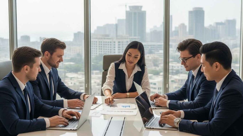 Professional sales team discussing strategies in a Karachi office