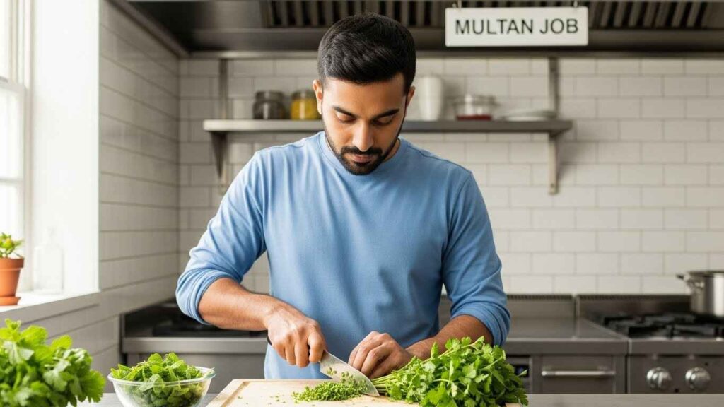 Pakistani male cook chopping fresh herbs in clean home kitchen Multan job