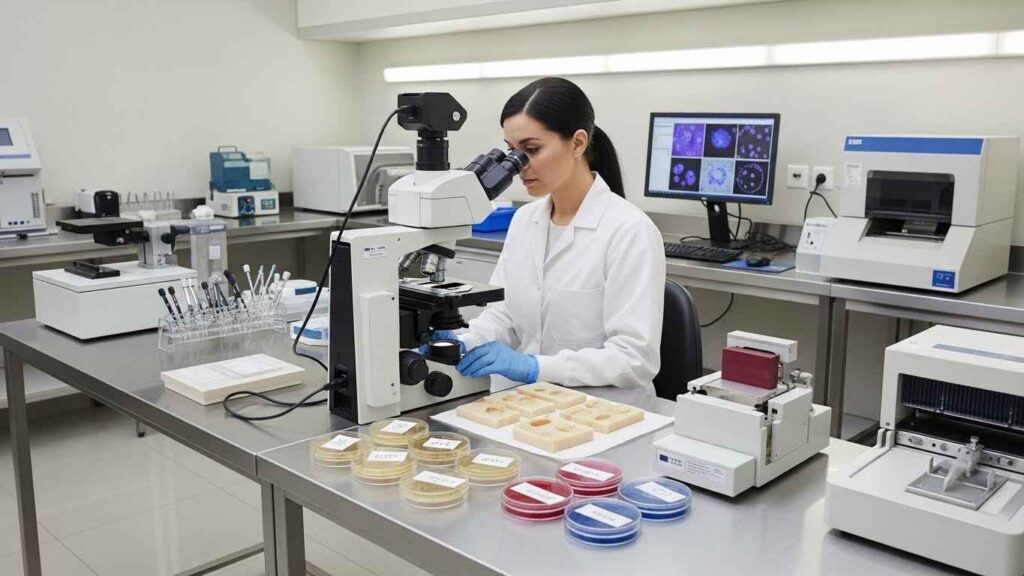 Pathology technician at work in hospital lab