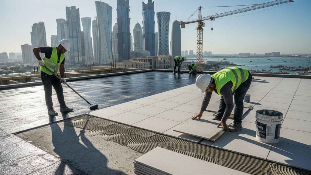 Construction workers doing waterproofing and tile work in Doha Qatar