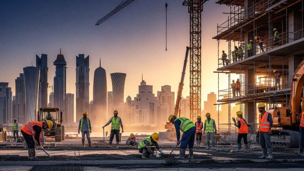 Workers on a construction site in Doha, Qatar