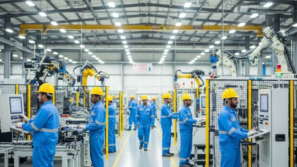 Workers in a Saudi Arabia industrial facility