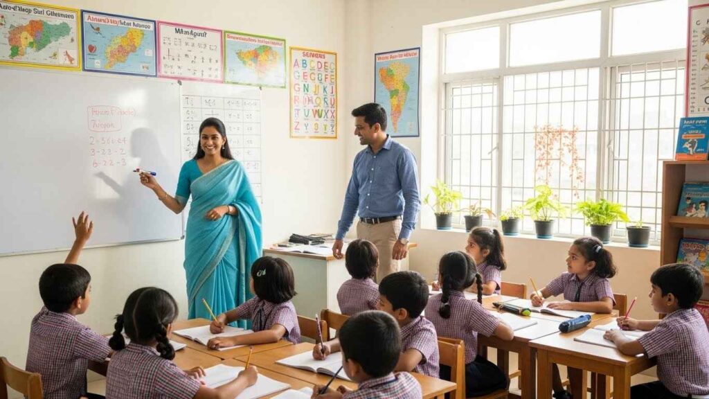 Female and male teachers teaching students in a bright classroom at APS Hyderabad