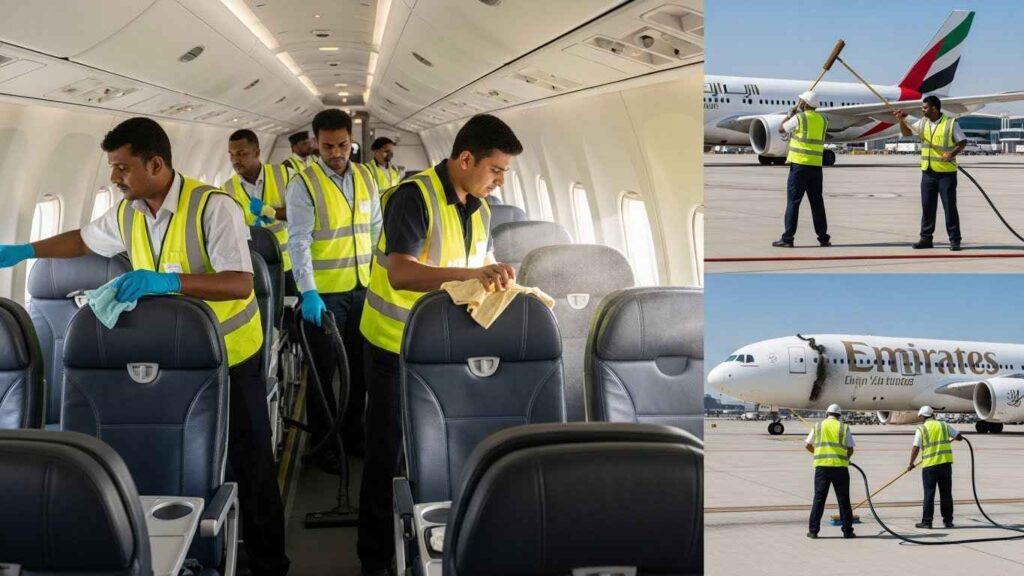 Workers cleaning an aircraft at UAE airport