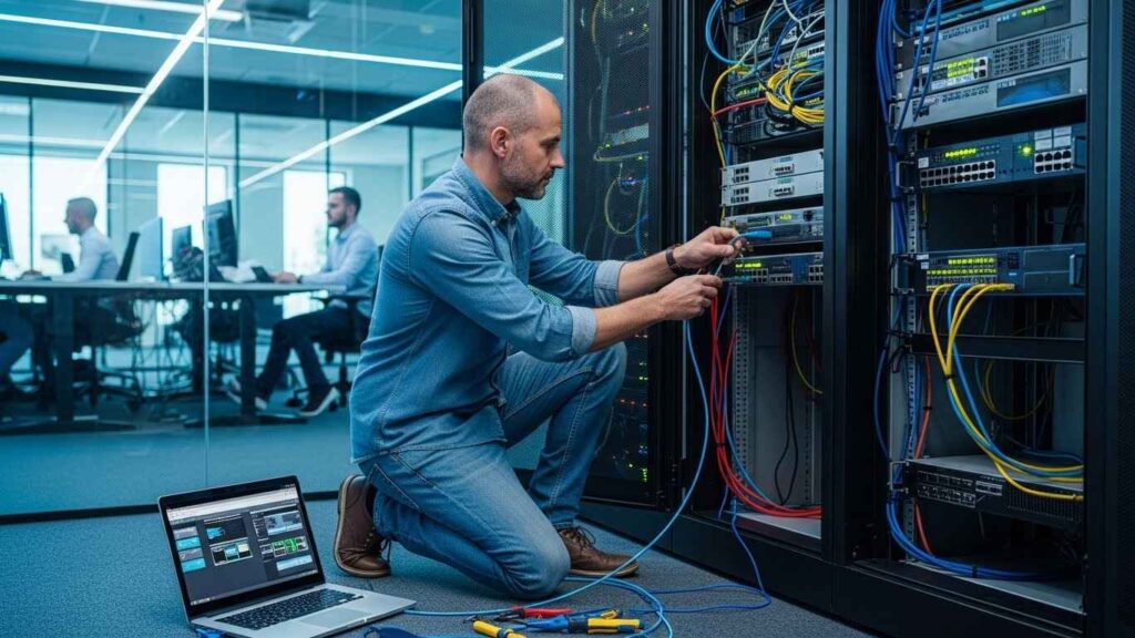 Network engineer maintaining systems in office