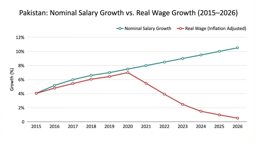 Line chart showing nominal salary growth vs real wage growth in Pakistan 2015 to 2026