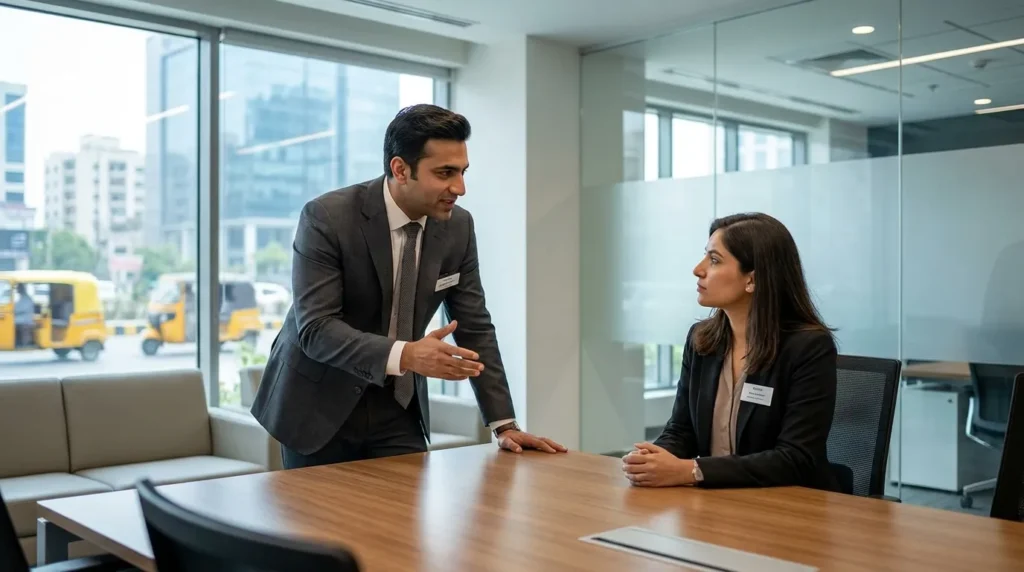 Panel interview with three interviewers and a candidate in a Pakistani corporate boardroom