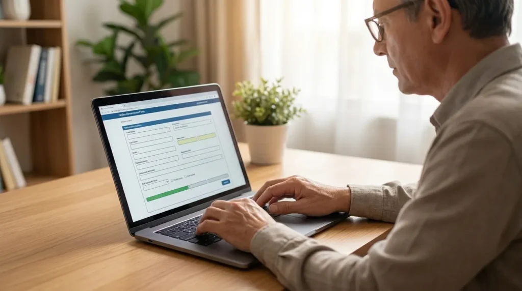 Person completing EOBI online registration on a laptop