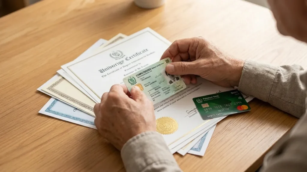 Required documents for EOBI pension claim arranged on a desk