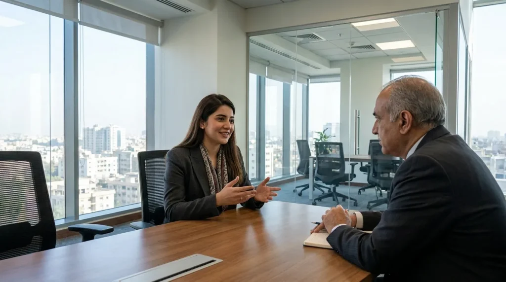 Young Pakistani woman answering a behavioral interview question in a corporate office setting
