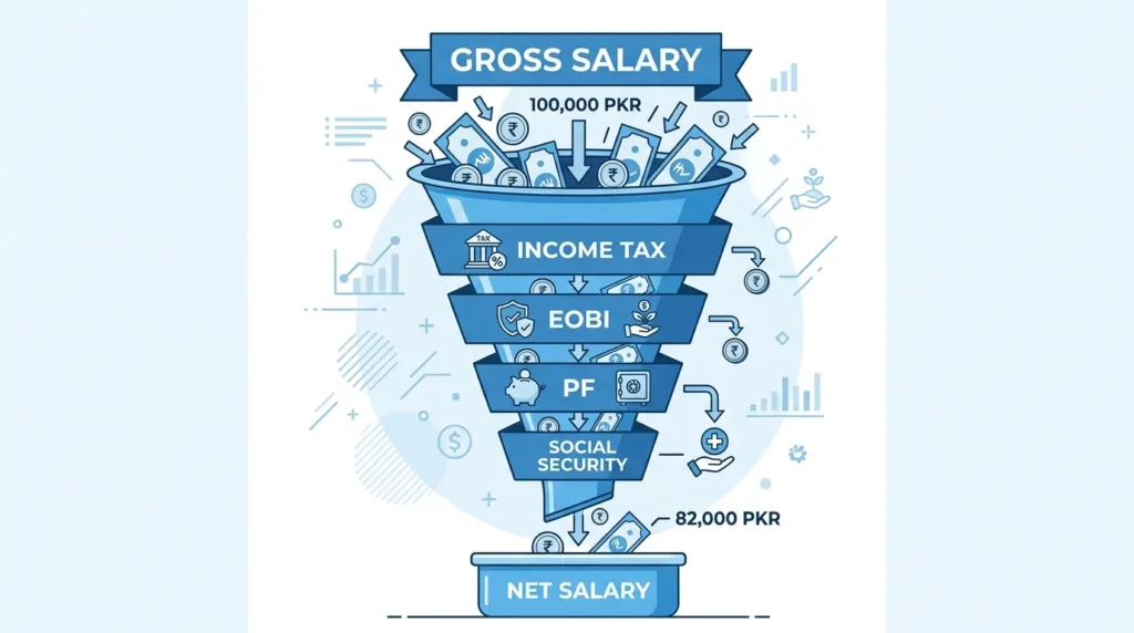 Payslip deductions Pakistan — income tax, EOBI, provident fund, and social security funnel to net salary