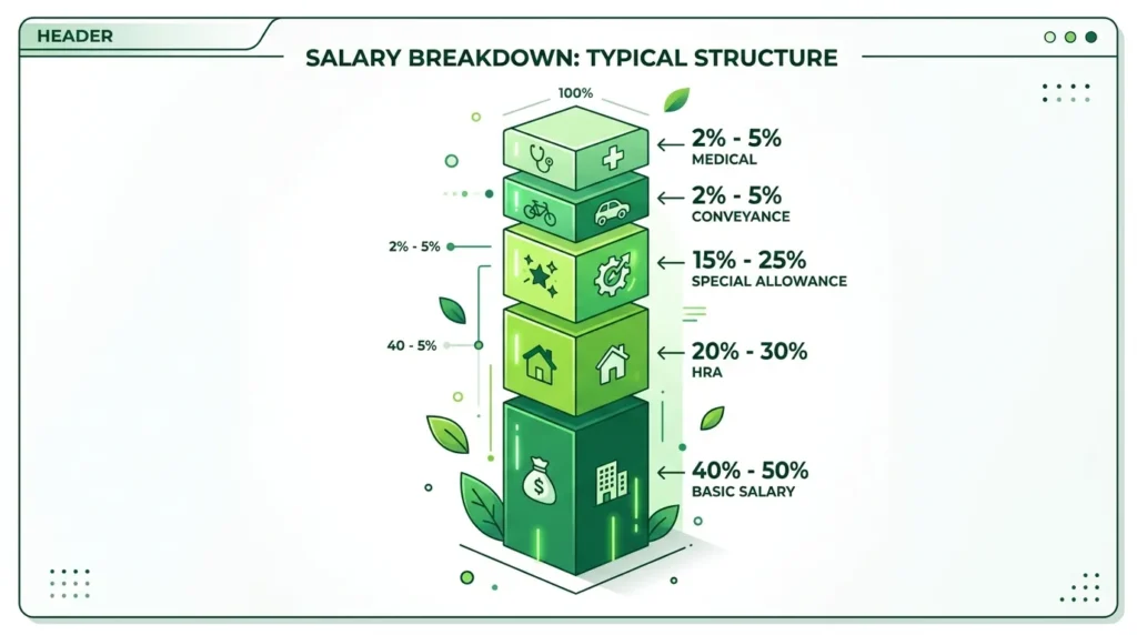 Salary components breakdown Pakistan — bar chart showing basic salary, HRA, medical allowance, and other components