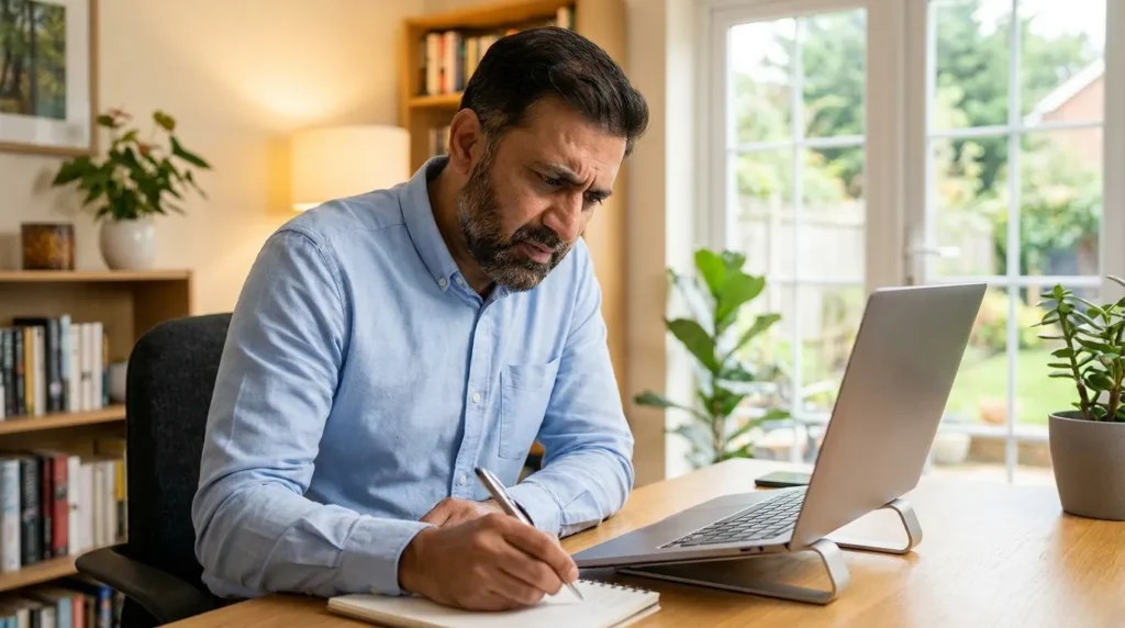 A professional preparing salary negotiation scripts at a desk with a laptop.