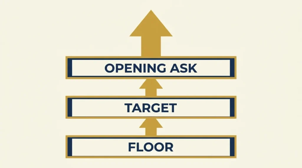 Diagram showing three salary negotiation tiers: floor, target, and opening ask.