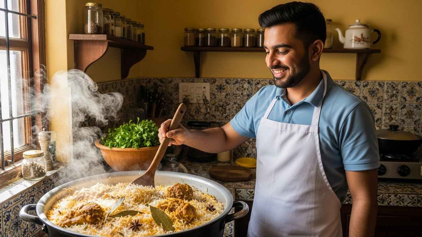 Happy male cook stirring traditional biryani in Multan home kitchen