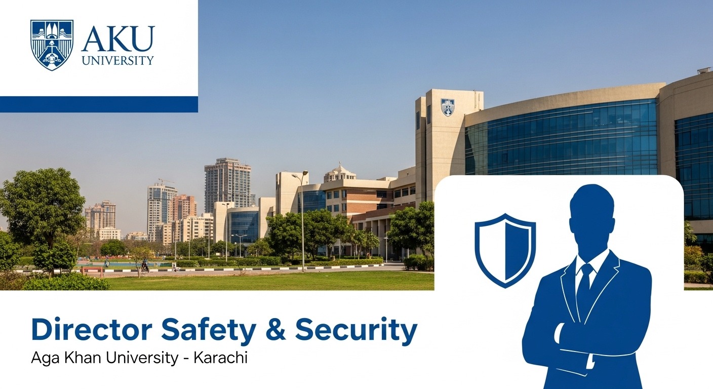 Aga Khan University Director Safety & Security job vacancy thumbnail with campus and shield icon
