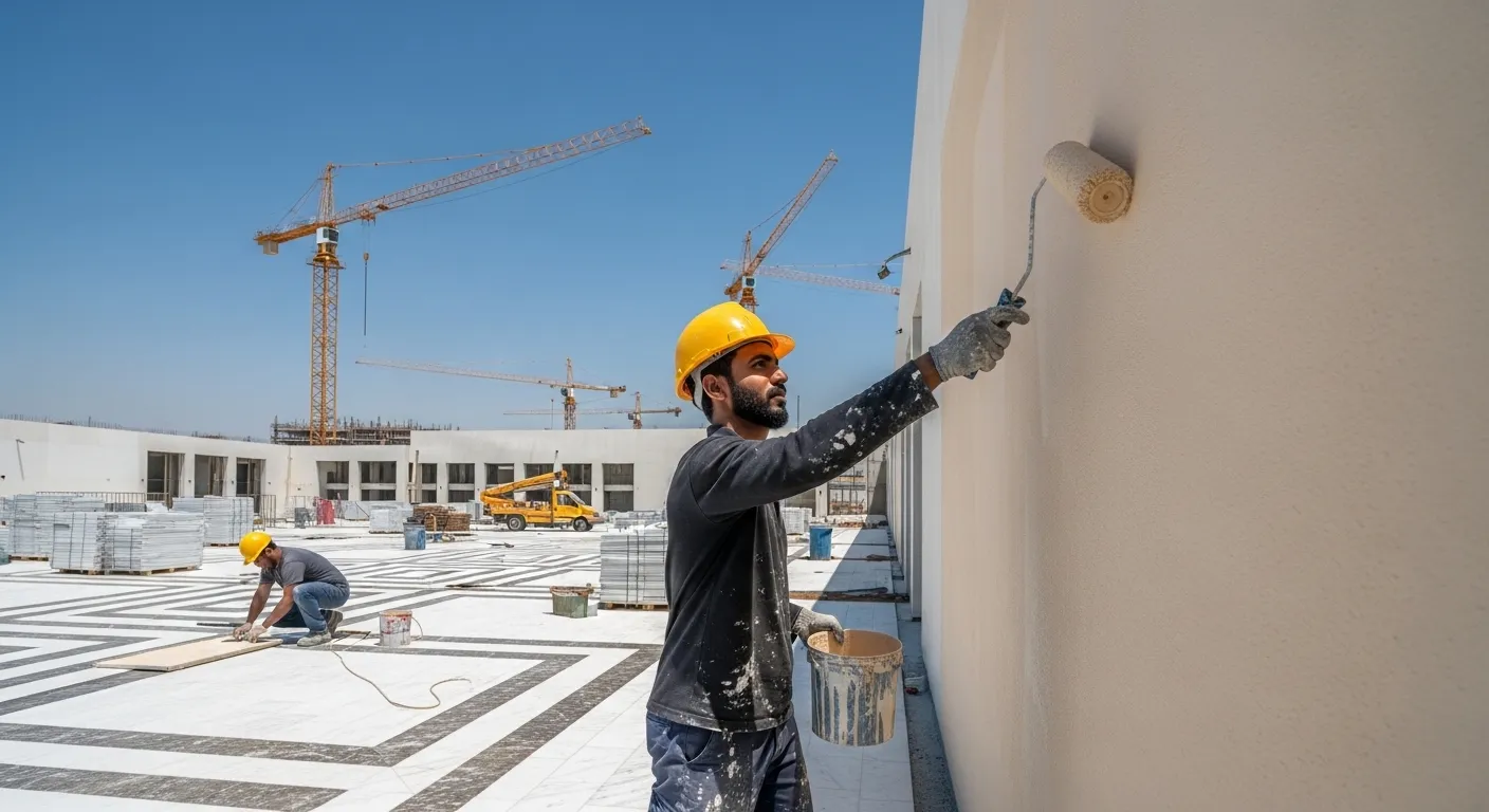 Skilled workers painting and fixing marble in Saudi Arabia construction site