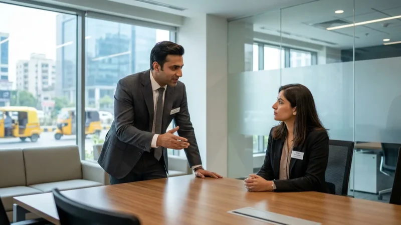 Pakistani professional sitting across from an interviewer in a corporate office during a job interview