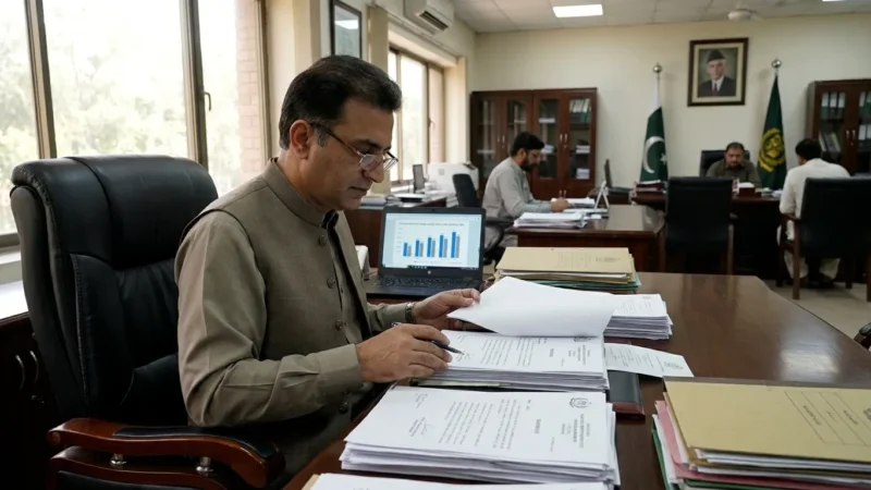 Pakistani worker reviewing EOBI pension documents at a desk