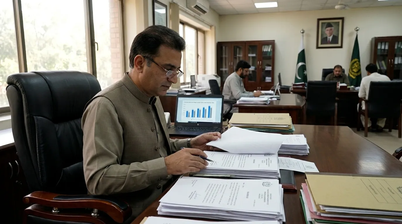 Pakistani worker reviewing EOBI pension documents at a desk