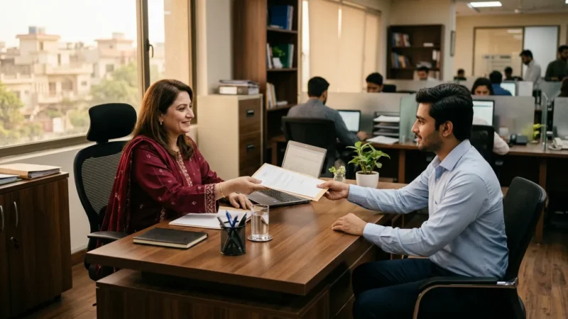 HR manager handing gratuity payment document to an employee in a Pakistani office