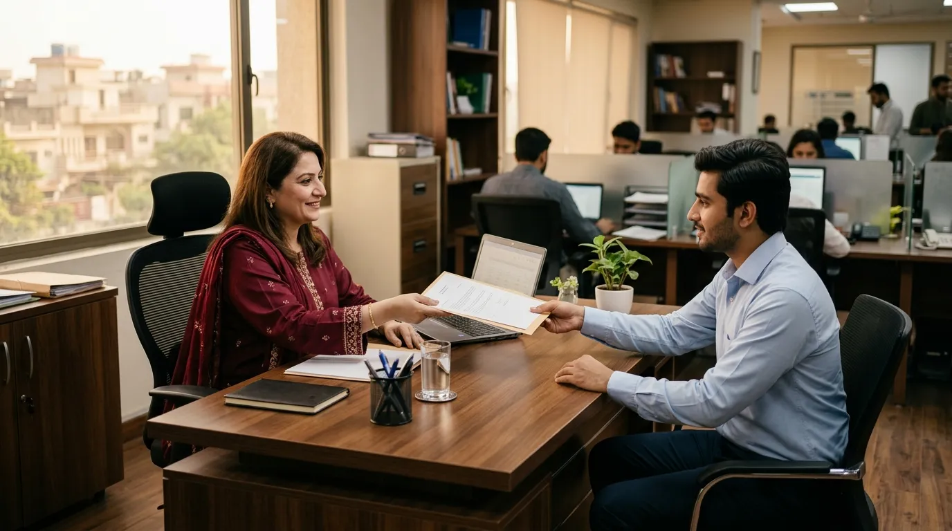 HR manager handing gratuity payment document to an employee in a Pakistani office