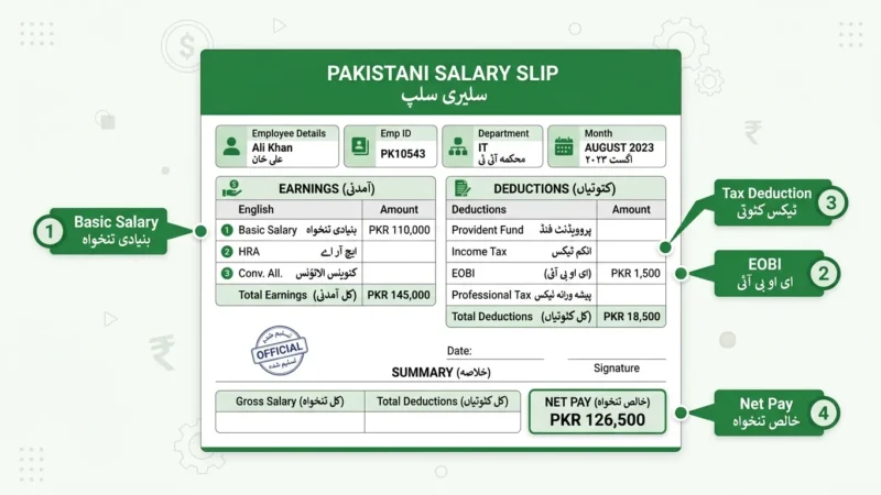 Payslip explained Pakistan — labeled salary slip showing basic salary, deductions, and net pay