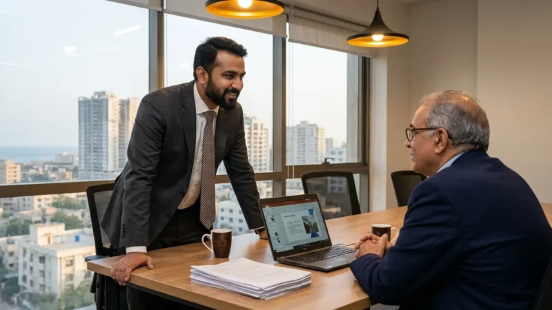 A Pakistani professional negotiating salary with an HR manager in a corporate office setting.