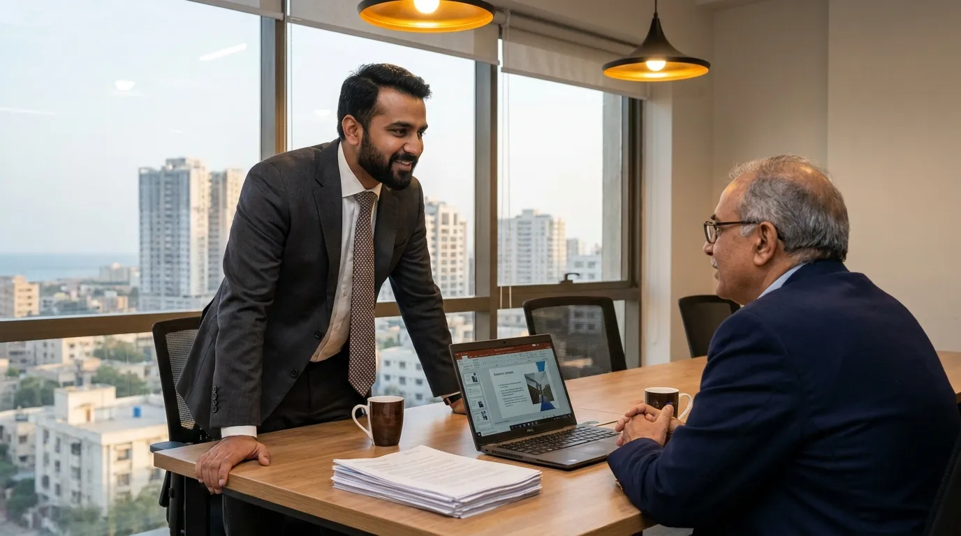 A Pakistani professional negotiating salary with an HR manager in a corporate office setting.